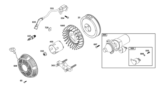 Flywheel, Ignition, And Starter Group Diagram and Parts List for 25U135-0002-G1 200000 - 399999 Briggs and Stratton Engine